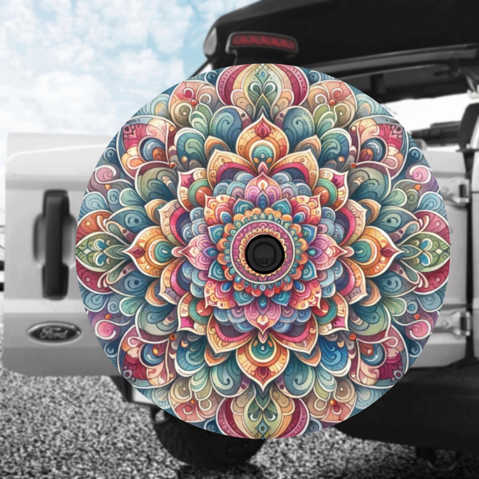 Teal and Purple Mandala Spare Tire Cover for store any Vehicle, Make, Model and Size