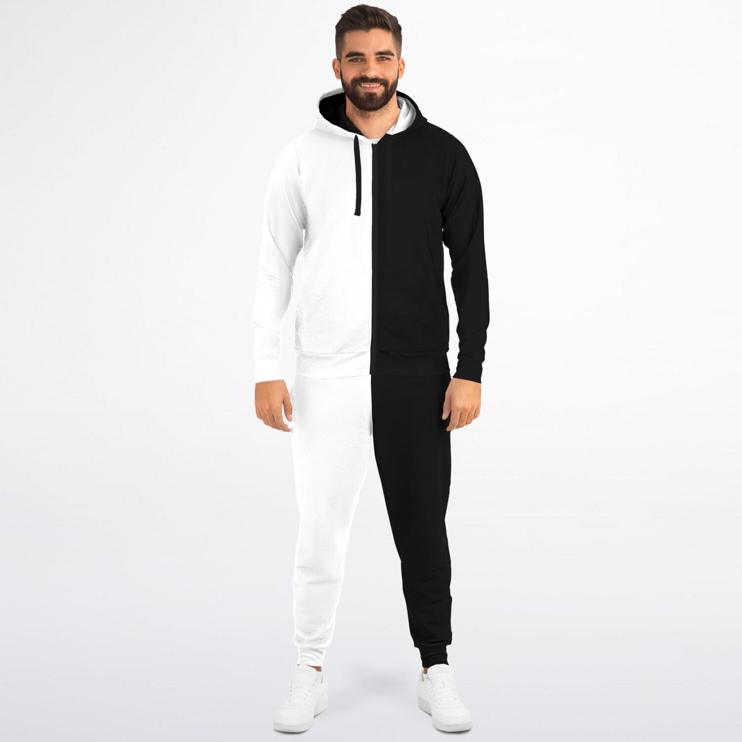 Half Black Half White Zip Hoodie Jogger Sweatsuit Set, Two Tone Split Zipper Lounge Hooded Sweatshirt Sweatpants Women Men Cotton Matching