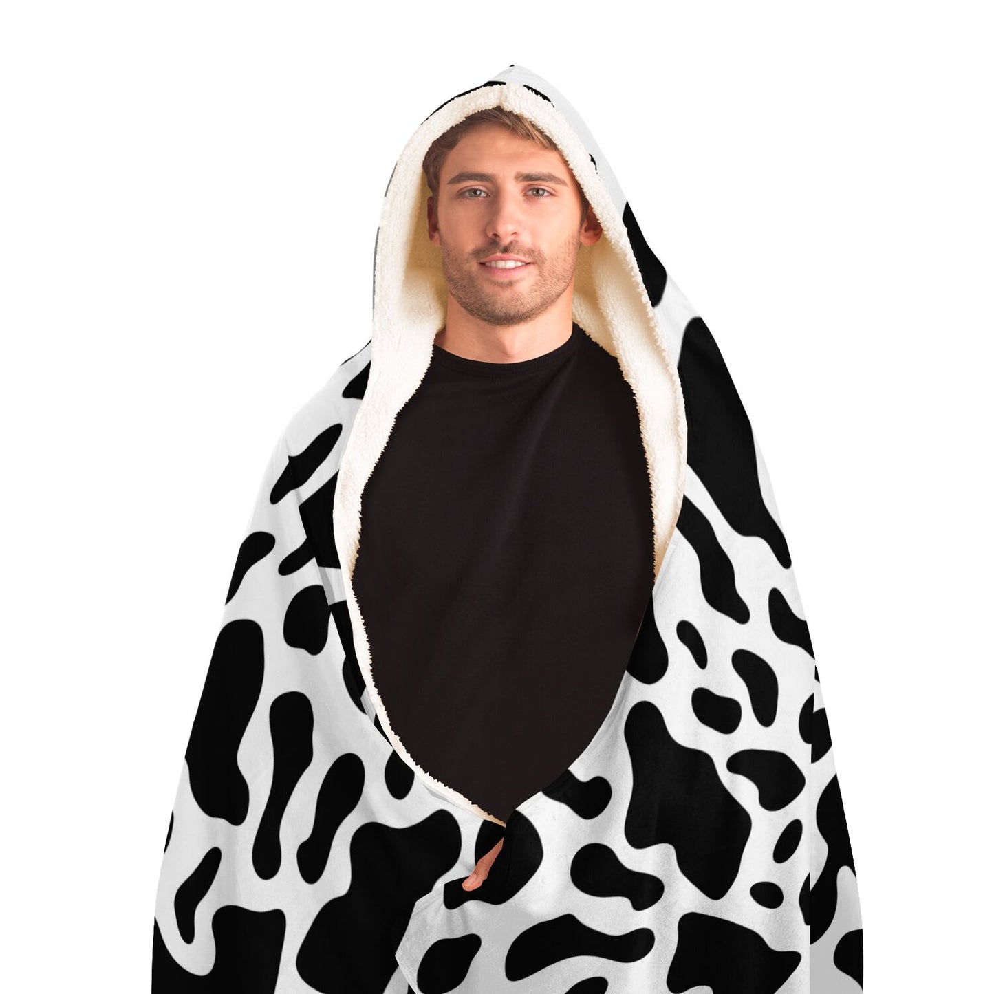 Cow Print Hooded Blanket, Black White Animal Sherpa Fleece Soft Fluffy Cozy Warm Adult Men Women Kids Large Wearable with Hood Gift Starcove Fashion