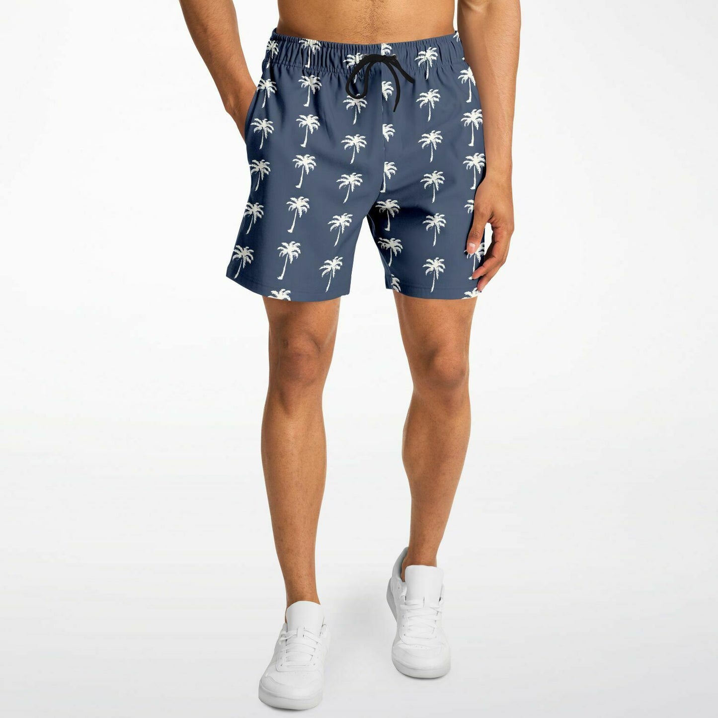 Palm Trees Men Shorts, Navy Blue Beach Male Casual with Pockets 7 Inch Inseam Drawstring Casual Designer Cool Summer