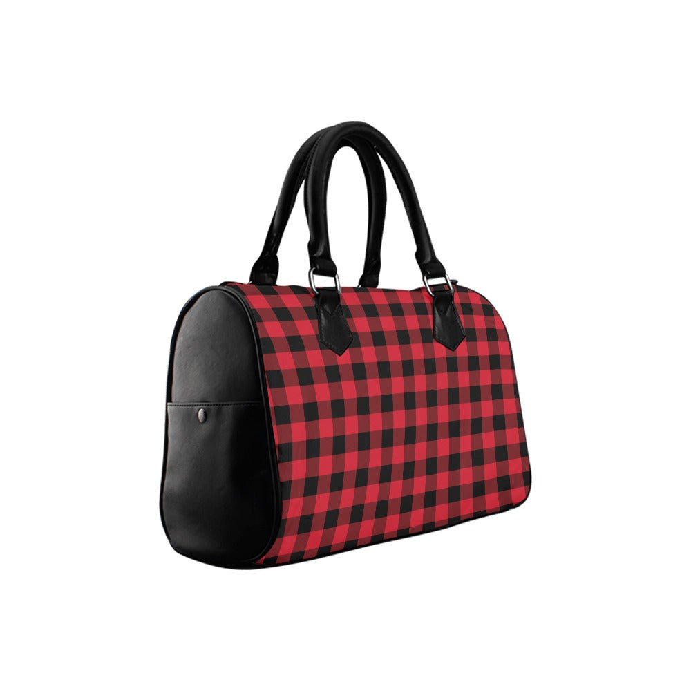 Red and Black Buffalo Plaid Handbag, Women Ladies Checkered Check Print Canvas Leather Top Handle Barrel Boston Type Designer Purse Bag