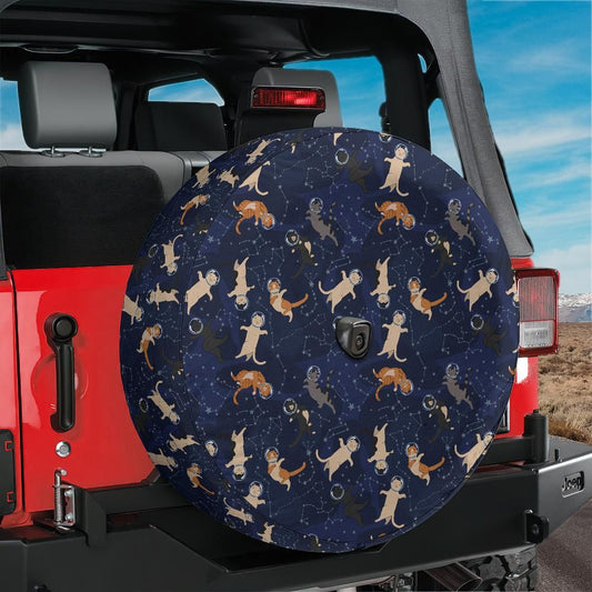 Galaxy Cats in Space Spare Tire Cover, Kittens Constellation Wheel Accessories Unique Backup Camera Hole Trailer Back Extra Rear RV Camper