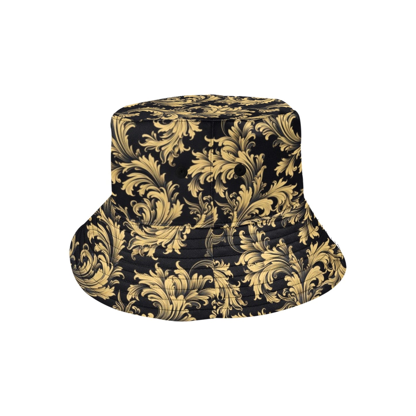 Black Gold Bucket Hat, Baroque Luxury Retro Vintage Summer Festival Cute Women Men Guys Cool Adults Designer Beach Sun Shade Twill