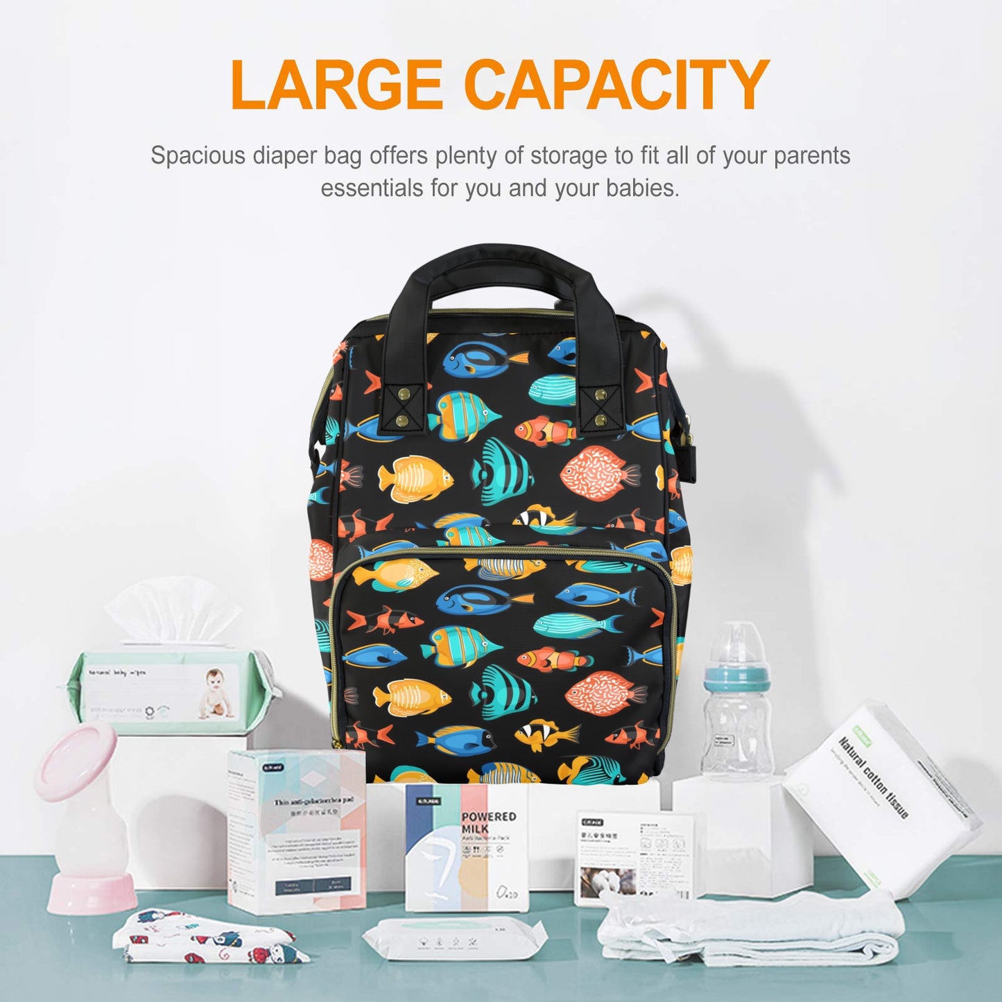 Fish Diaper Bag Backpack, Cute Tropical Fishing Animal Baby Boy Girl Waterproof Insulated Pockets Stylish Mom Dad Designer Men Women Large