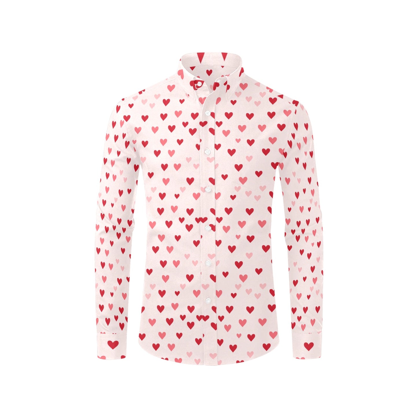 Pink Hearts Long Sleeve Men Button Up Shirt, Valentine's Day Fun Print Dress Male Buttoned Collar Casual Dress Shirt with Chest Pocket