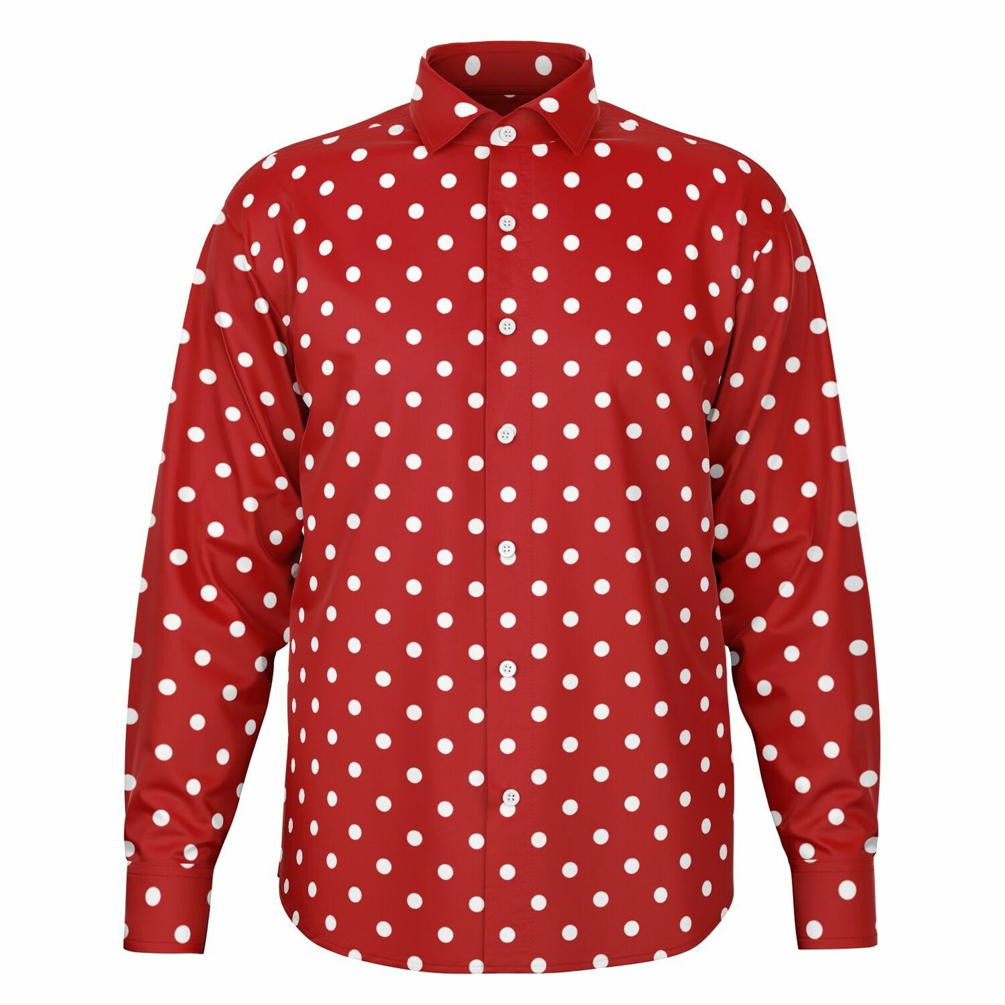 Red White Polka Dots Long Sleeve Men Button Up Shirt, Guys Male Print Buttoned Down Collared Graphic Casual Dress Plus Size Shirt