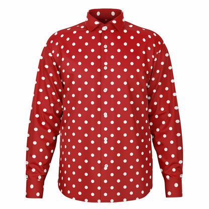 Red White Polka Dots Long Sleeve Men Button Up Shirt, Guys Male Print Buttoned Down Collared Graphic Casual Dress Plus Size Shirt