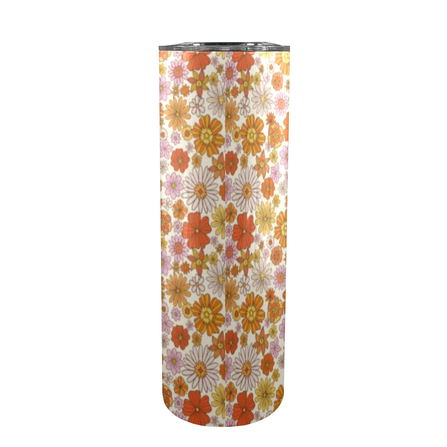 Retro Floral Tumbler 20oz Lid Straw, Flowers Orange Pink Vintage Stainless Steel Travel Mug Insulated Cup Flask Coffee Traveler Custom Women