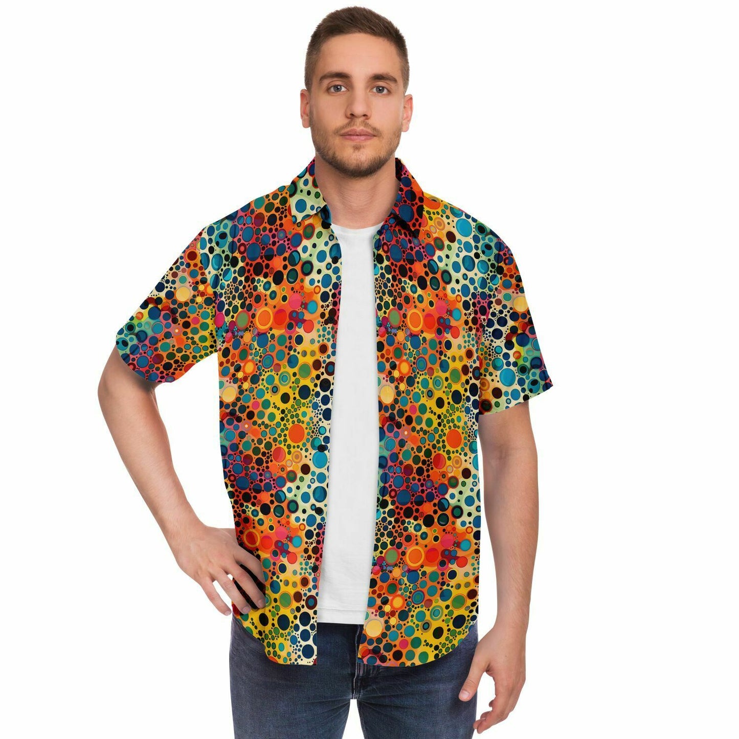 Psychedelic Men Button Up Shirt, Funky Groovy Retro Vibrant Dot Art Vintage Short Sleeve Festival Print Buttoned Down Guys Collared Designer