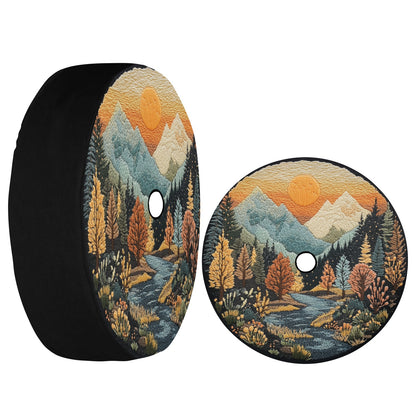 Mountains Spare Tire Wheel Cover, Sunset Boho Flowers Pine Trees Faux Embroidery Back Up Camera Hole Design Backup RV Car Camper Truck Auto