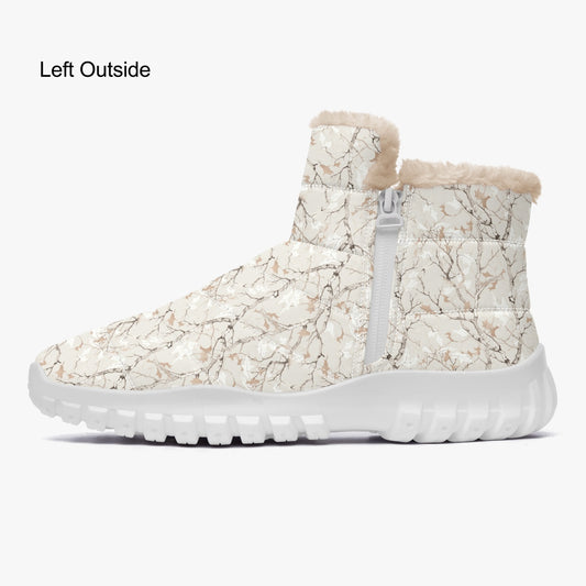 Cream Camo Faux Fur Boots, White Camo Women Men Fleece Sherpa Zipper Up Shoes Hiking Festival Ankle Combat Work Winter Waterproof