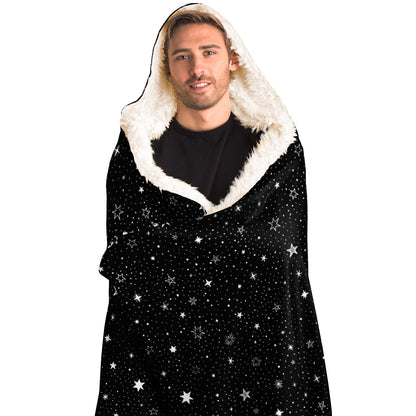 Stars Hooded Blanket, Black Silver Space Galaxy Sherpa Fleece Soft Fluffy Cozy Warm Adult Men Women Kids Large Wearable with Hood Gift