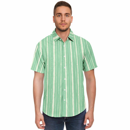 Mint Green Striped Men Button Up Shirt, Vertical Stripe Short Sleeve Print Casual Buttoned Down Summer Male Guys Collared Designer Dress