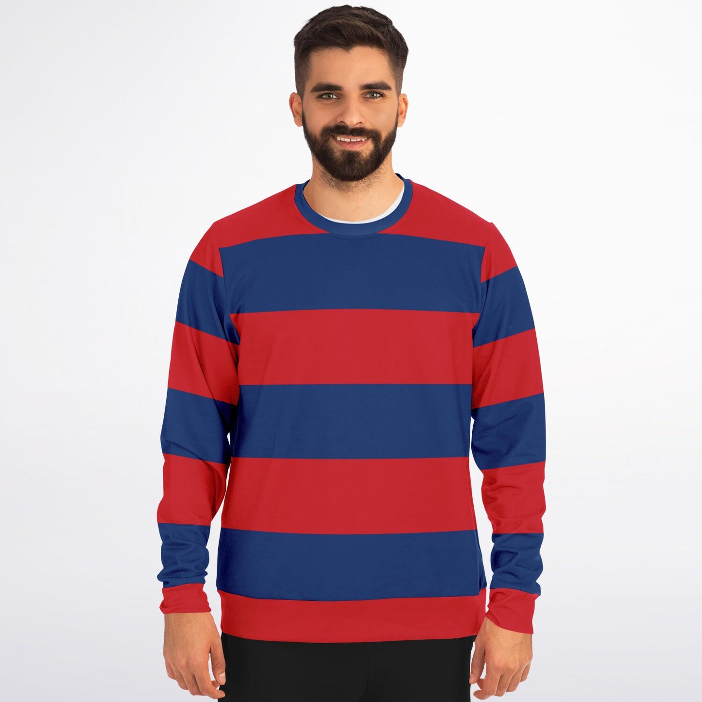 Red and Blue Striped Sweatshirt, Wide Horizontal Stripes Crewneck Fleece Cotton Sweater Jumper Pullover Men Women Adult Designer Top