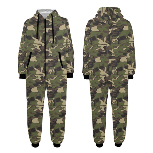 Camo One Piece Men Pajama, Green Camouflage Print Adult Bodysuit Women Ladies Flannel Long Hooded PJ Romper Plus Size Matching Loungewear