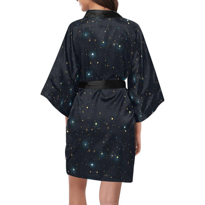 Constellation Space Kimono Robe, Galaxy Celestial Universe Blue Stars Japanese Women Ladies Short Long Lounge Sleepwear Bathrobe Pajamas