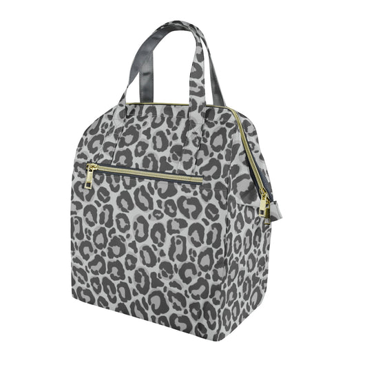 Grey Leopard Insulated Lunch Box Bag Tote, Animal Print Black Ladies Food Container Adult Kids Female Women Teens Men School Work Handbag