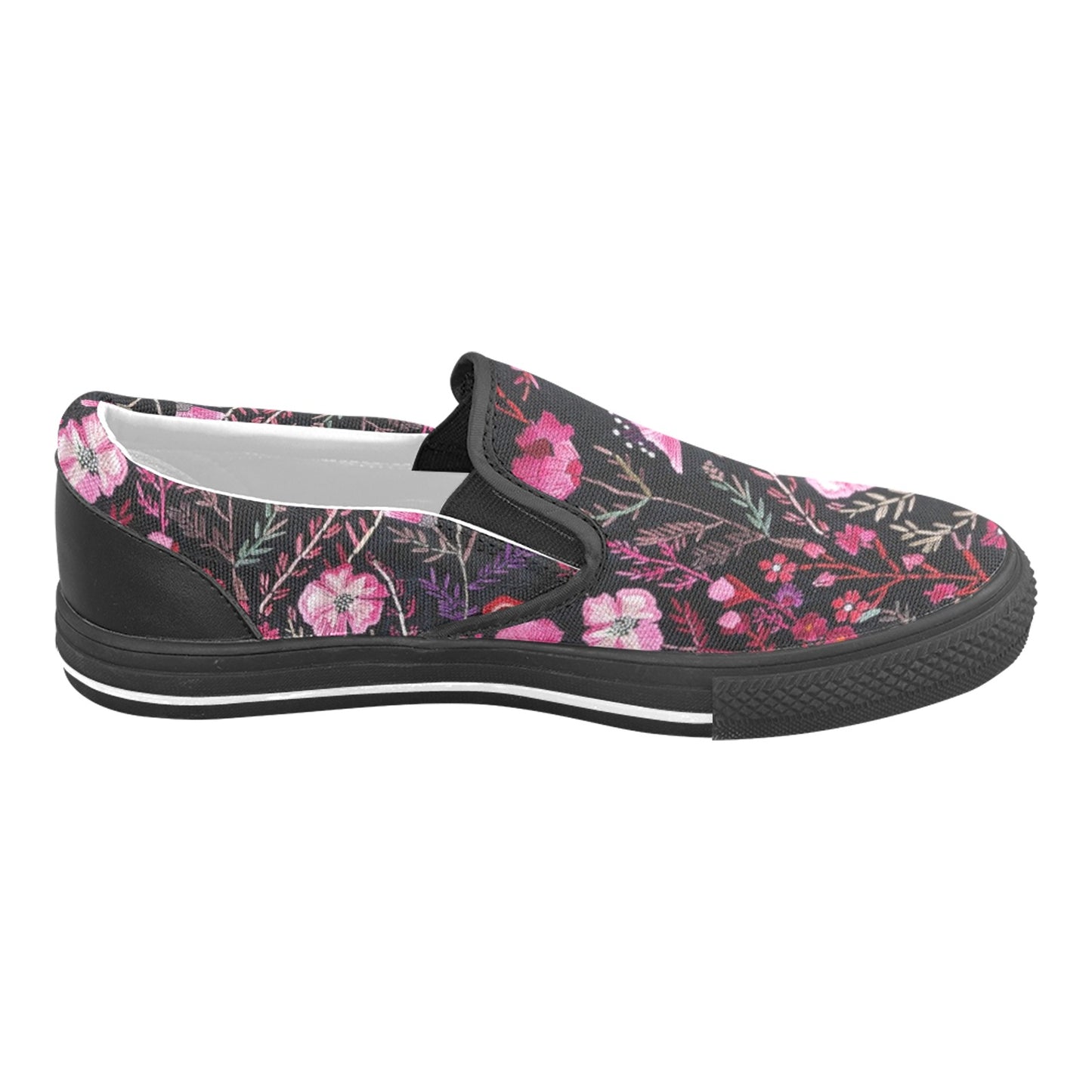 Pink Floral Women Slip On Shoes, Flowers Canvas Festival Sneakers Black Low Top Casual Ladies Aesthetic Designer Flat Slide On Comfortable