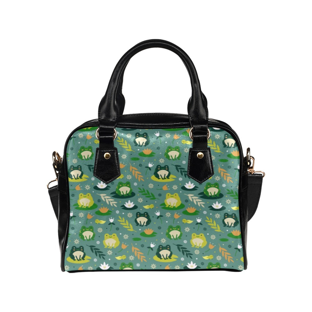 Frog Purse, Kawaii Green Animal Retro Vintage Floral Black Print Small Shoulder Bag Vegan Leather Women Designer Handbag Crossbody Ladies