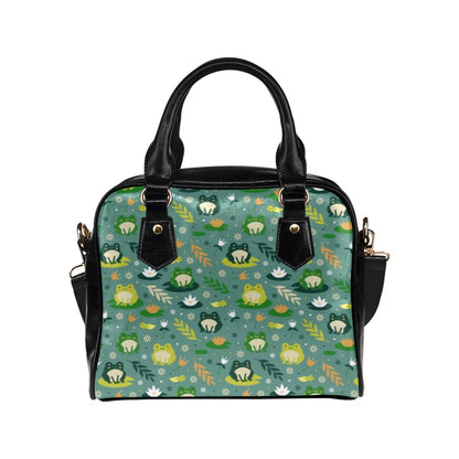 Frog Purse, Kawaii Green Animal Retro Vintage Floral Black Print Small Shoulder Bag Vegan Leather Women Designer Handbag Crossbody Ladies