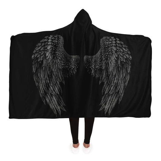 Wings Hooded Blanket, Black Gothic Angel Halloween Witchy Sherpa Fleece Soft Fluffy Cozy Warm Adult Men Women Kids Large Wearable with Hood