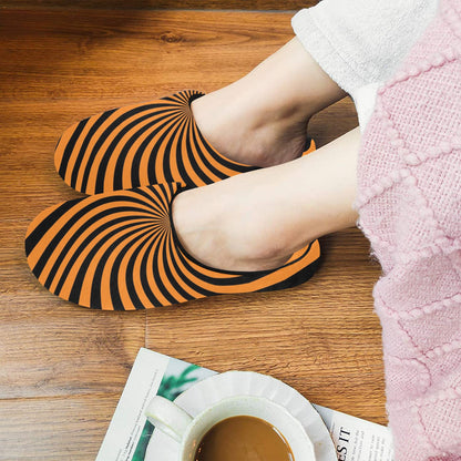 Orange Black Women's Slippers, Spiral Striped Halloween Ladies Indoor House Slide Bedroom Warm Winter Cozy Designer Slip On Cotton Shoes