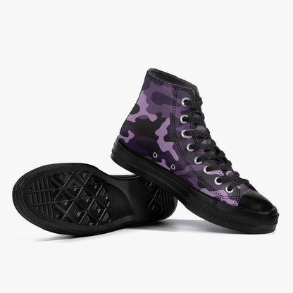 Black Purple Camo High Top Shoes Sneakers, Camouflage Men Women Lace Up Footwear Canvas Streetwear Designer Ladies Guys Casual