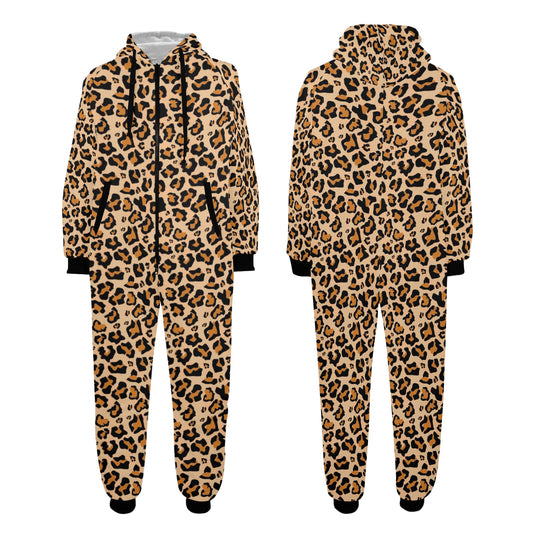 Leopard One Piece Men Pajama, Animal Cheetah Print Adult Bodysuit Women Ladies Flannel Long Hooded PJ Romper Plus Size Matching Loungewear