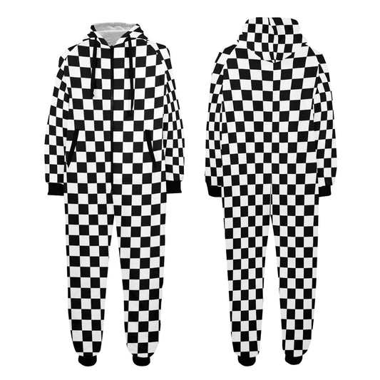 Checkered One Piece Men Pajama, Black White Check Racing Checkerboard Adult Bodysuit Women Ladies Flannel Long Hooded PJ Romper Plus Size