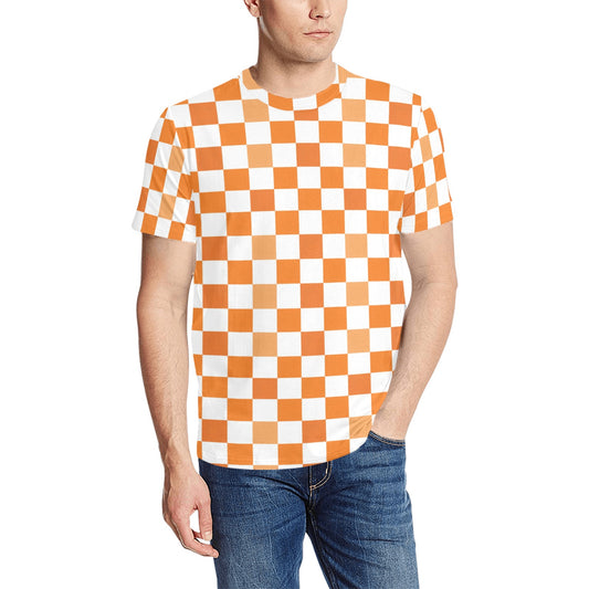 Orange Checkered TShirt, White Check Print Designer Lightweight Crewneck Men Male Women Tee Top Summer Short Sleeve Shirt