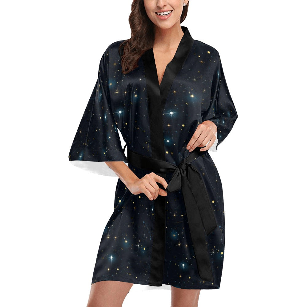 Constellation Space Kimono Robe, Galaxy Celestial Universe Blue Stars Japanese Women Ladies Short Long Lounge Sleepwear Bathrobe Pajamas