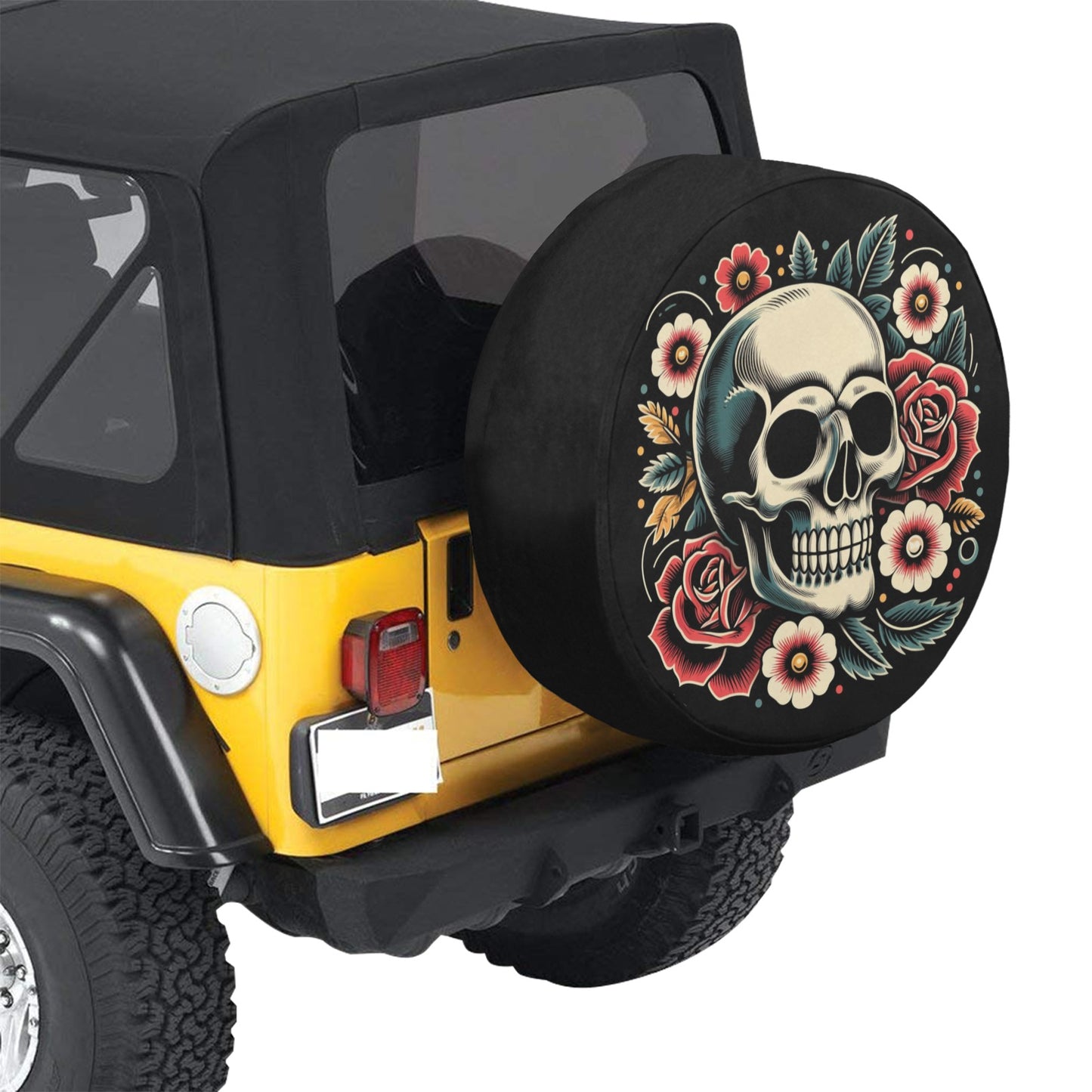 Skull Floral Spare Tire Cover, Car Roses Skeleton Old School Tattoo Backup Camera Hole Rear Wheel Trailer Camper RV Back Men Women Protector