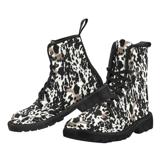 Cow Print Women's Boots, Animal Print Farm Vegan Canvas Lace Up Shoes Black White Brown Army Ankle Combat Winter Casual Female Lightweight