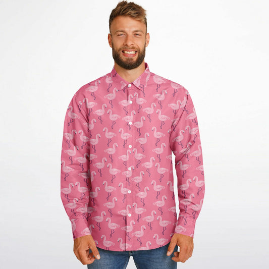 Pink Flamingo Long Sleeve Men Button Up Shirt, Tropical Guys Male Print Buttoned Down Collared Graphic Casual Dress Plus Size Shirt