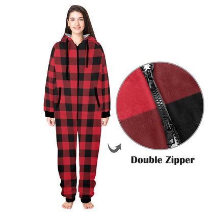 Red Buffalo Plaid One Piece Men Pajama, Black Checkered Christmas Xmas Adult Bodysuit Women Ladies Flannel Long Sleeve Hooded PJ Romper