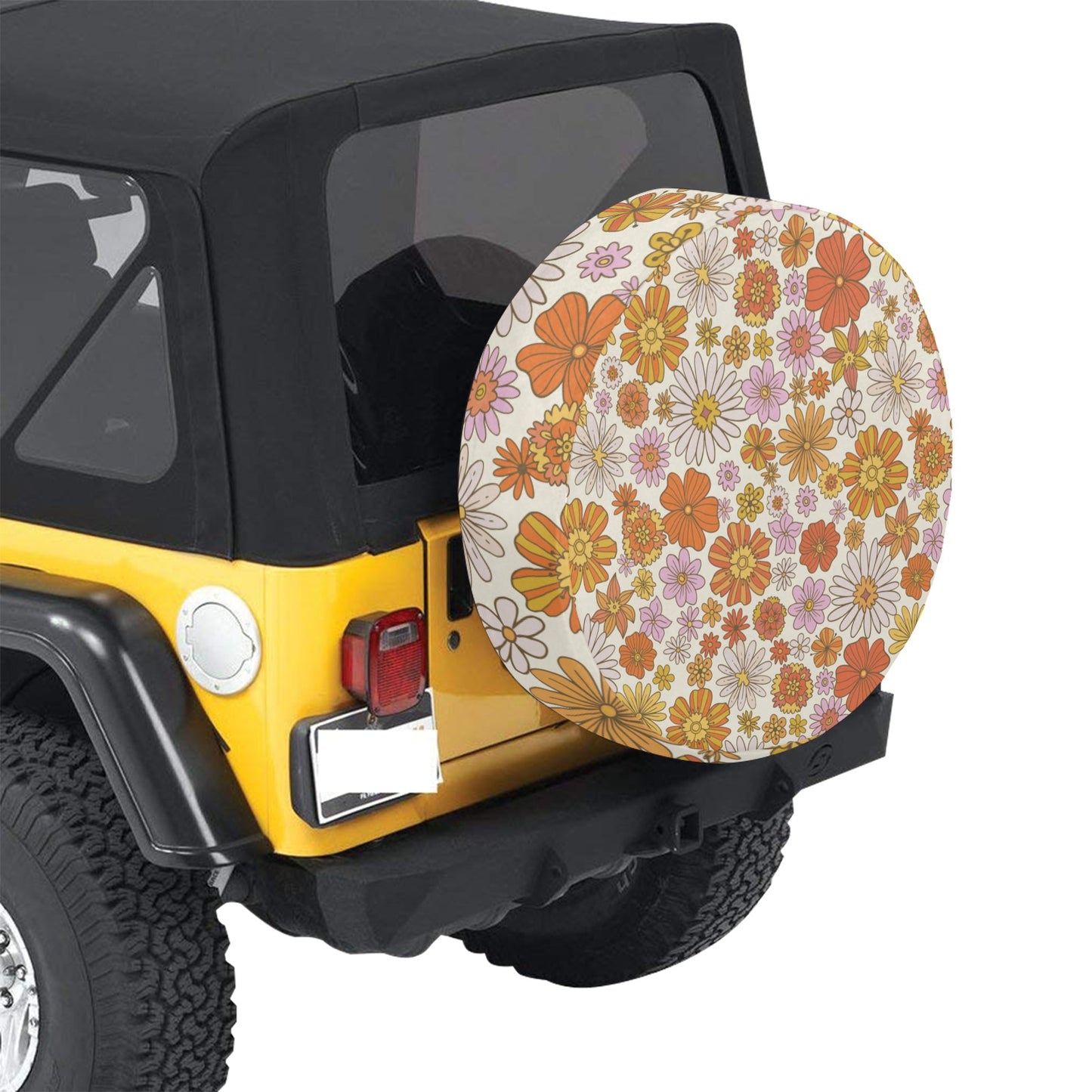 Groovy Floral Spare Tire Cover, Cute Orange 70s Flowers Backup Camera Hole Unique Back Extra Wheel Cars RV Men Women Girls Trailer Campers