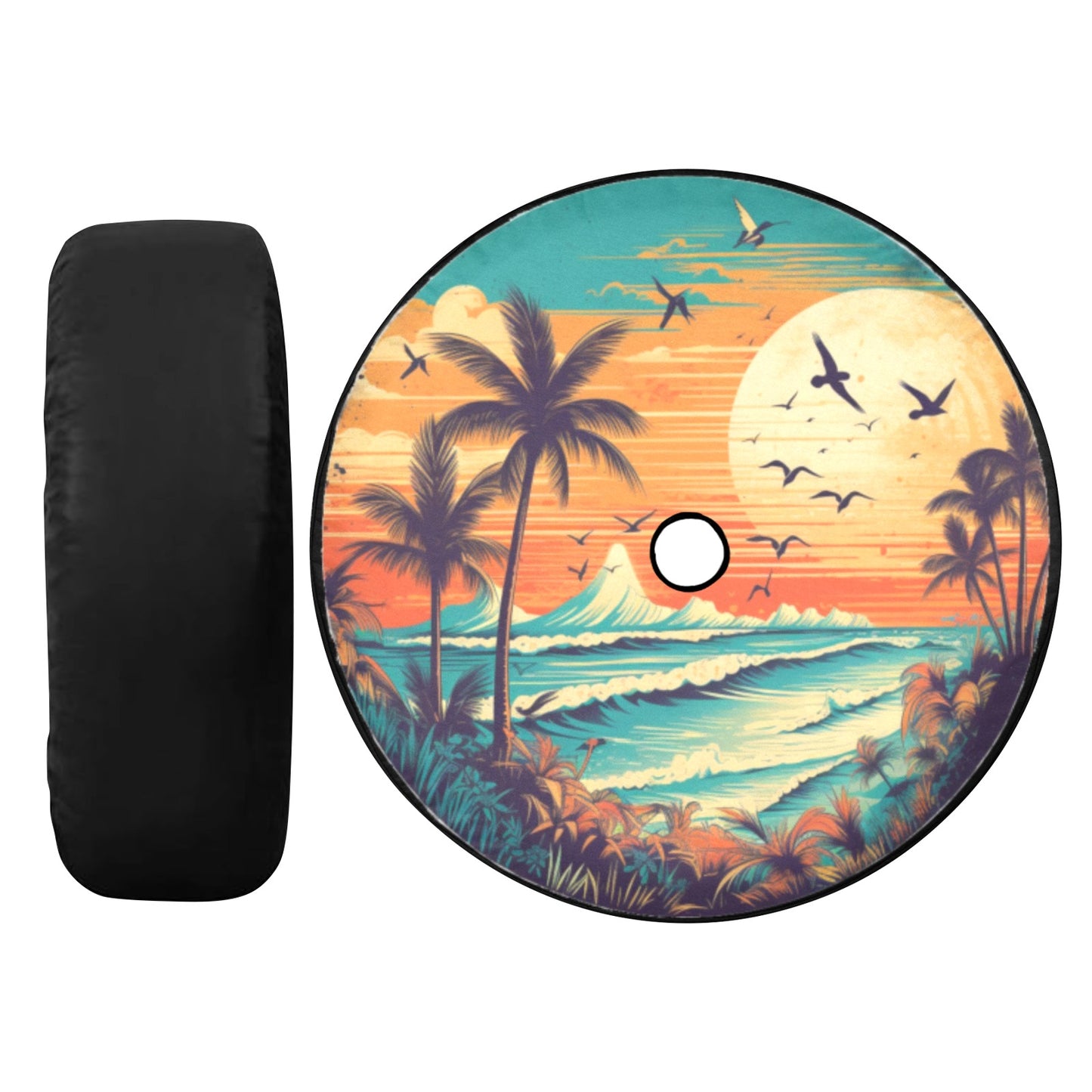 Beach Spare Tire Cover, Sunset Backup Camera Hole Rear Wheel Accessories Sun Tropical Palm Trees Custom Unique Design Trailer Camper RV Back