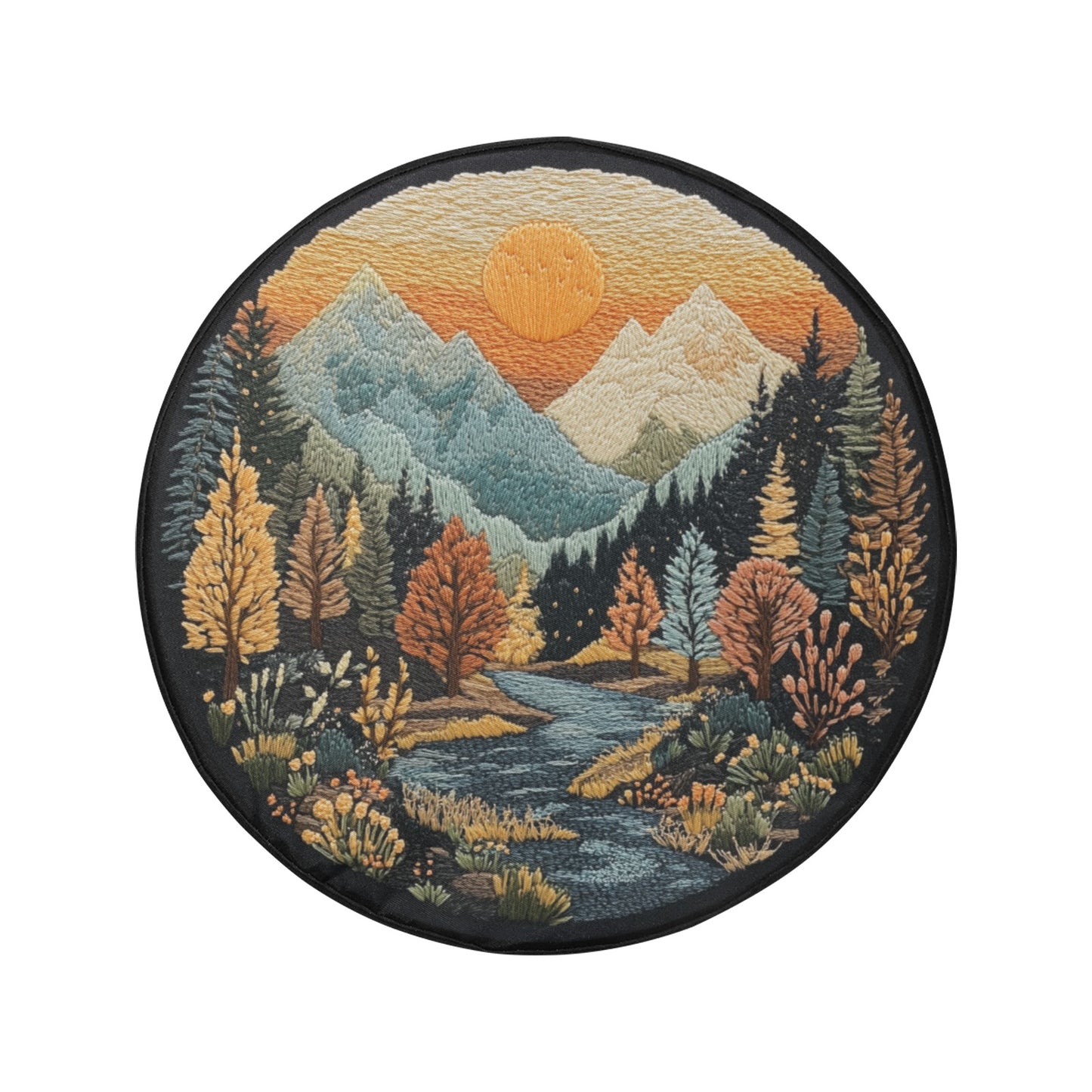 Mountains Spare Tire Wheel Cover, Sunset Boho Flowers Pine Trees Faux Embroidery Back Up Camera Hole Design Backup RV Car Camper Truck Auto