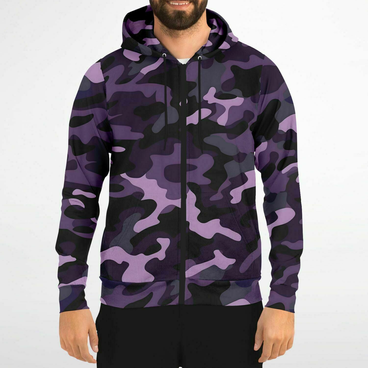 Black and Purple Camo Zip Up Hoodie, Camouflage Zipper Pocket Men Women Unisex Adult Aesthetic Cotton Fleece Hooded Sweatshirt Starcove Fashion