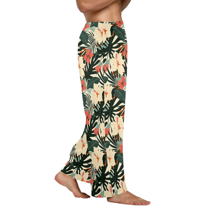 Tropical Leaf Men Pajamas Pants, Retro Floral Flowers Vacation Pattern Satin PJ Pockets Sleep Trousers Matching Trousers Bottoms Sleepwear