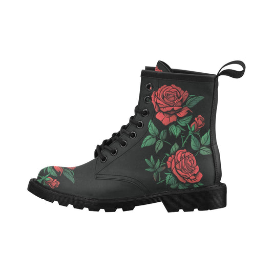 Red Roses Women's Boots, Floral Flowers Black Vegan Leather Lace Up Shoes Print Ankle Punk Combat Gothic Winter Ladies Designer