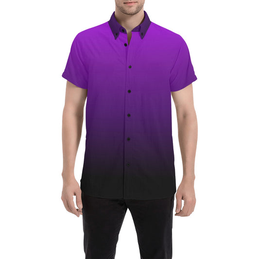 Black and Purple Short Sleeve Men Button Down Shirt, Ombre Tie Dye Gradient Print Casual Buttoned Up Summer Dress Collared Plus Size