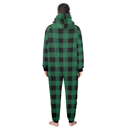 Green Buffalo Plaid One Piece Men Pajama, Black Checkered Christmas Xmas Adult Bodysuit Women Ladies Flannel Long Sleeve Hooded PJ Romper