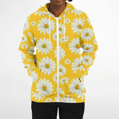 Daisy Yellow Zip Up Hoodie, Floral Flowers Full Zipper Pocket Men Women Unisex Adult Aesthetic Graphic Cotton Fleece Hooded Sweatshirt