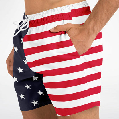 American Flag Men Swim Trunks, USA Patriotic Stars Stripes Red White Blue 4th of July Bathing Shorts Beach Surf Swimwear Male Pockets Lining