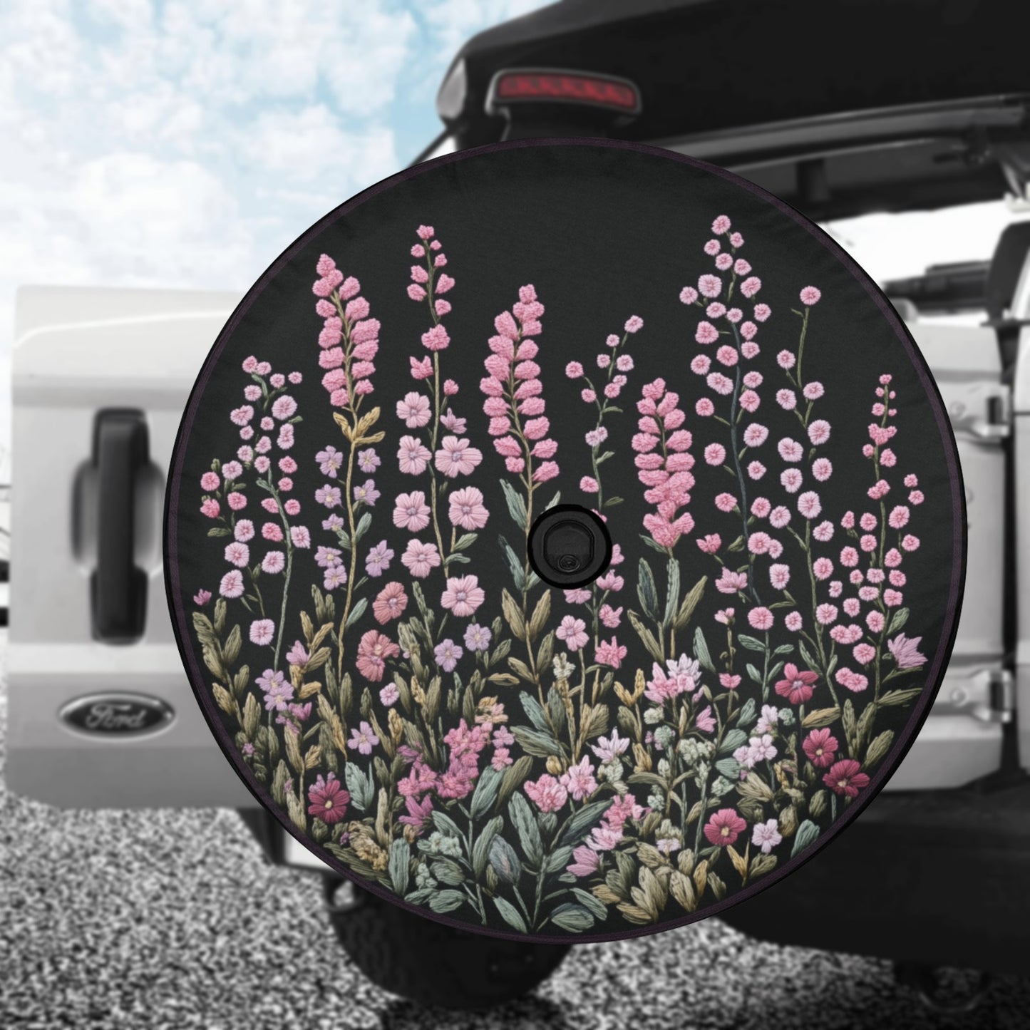 Pink Wild Flowers Spare Tire Cover, Faux Embroidery Printed Floral Wheel Auto Car Unique Design Backup Camera Hole Trailer Back Women RV