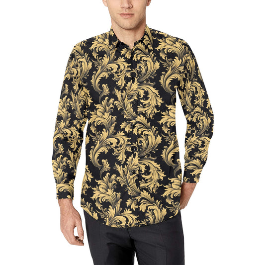 Black Gold Baroque Long Sleeve Men Button Up Shirt, Vintage Retro Print Male Casual Dress Casual Buttoned Collared with Chest Pocket