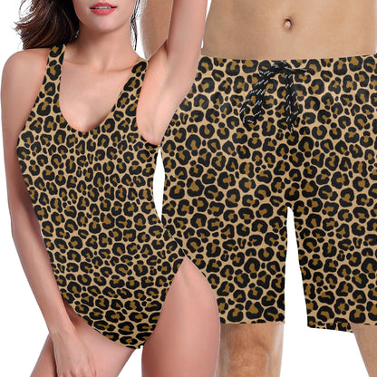 Leopard Matching Swimsuits for Couples, Animal Print Cheetah His and Hers Swimwear Swim Trunks Shorts One Piece Low Back Bathing Suit