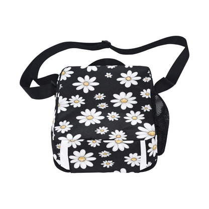 Daisy Insulated Kids Lunch Tote Box Bag, Floral Flowers White Black Cute Food Container Children Teens Black School Work Handbag Boys Girls