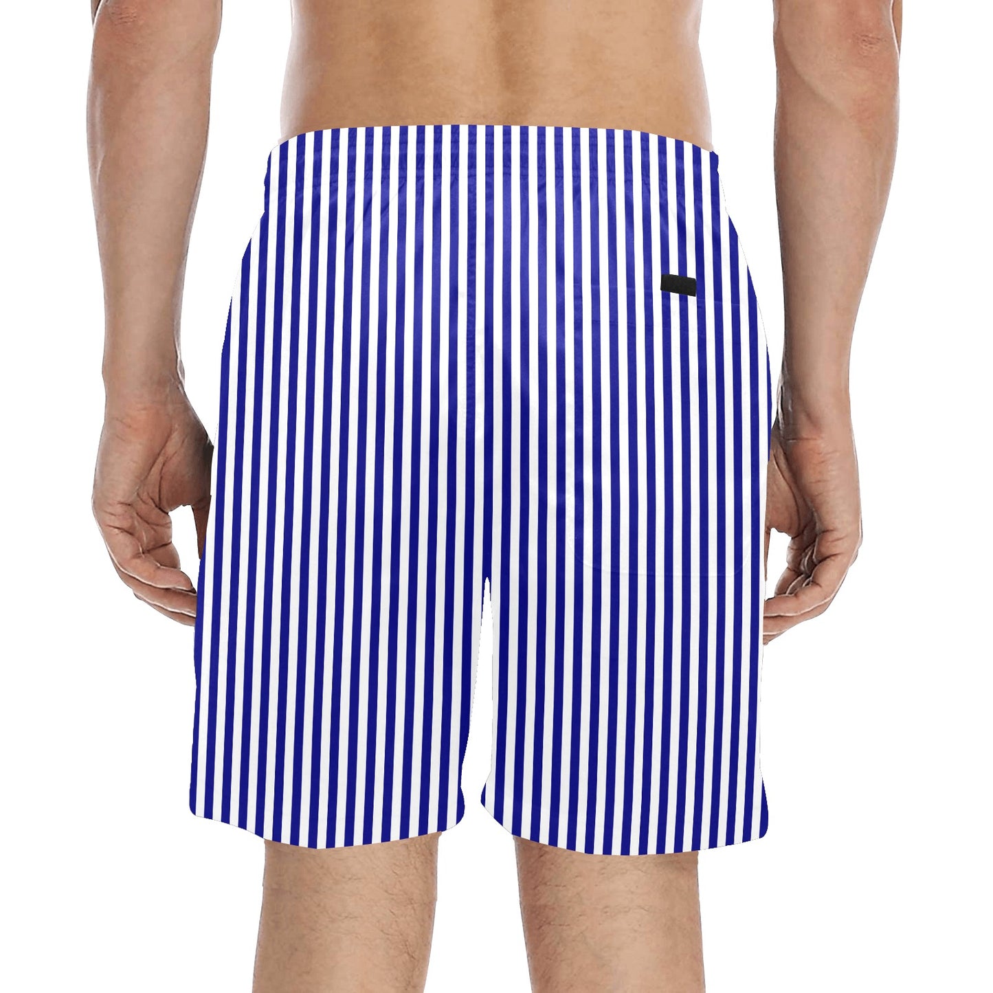 Navy Blue White Striped Men Swim Trunks, Mid Length Shorts Beach Pockets Mesh Lining Drawstring Boys Casual Bathing Suit Plus Size Swimwear